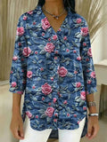 Women's Floral Pattern Art Print Casual Ruffled Denim Shirt RSDS2912