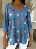 Women's Colorful Little Flowers Print Casual Denim Shirt RSDS2917