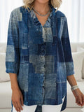 Chemise en Jean Décontractée à Volants Imprimé Patchwork Vintage pour Femme RSDS2938