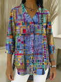 Women's Vintage Pattern Art Print Casual Ruffled Denim Shirt RSDS2942