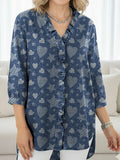 Chemise en jean décontractée à volants avec imprimé artistique étoiles et cœurs pour femme RSDS2946