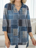 Chemise en jean décontractée à volants et imprimé patchwork pour femmes RSDS2950