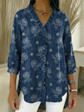Damen Vintage Blumenmuster Kunstdruck Lässiges Rüschen-Jeanshemd RSDS2961
