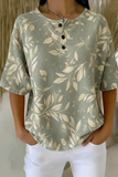 Damen Waffelstrick Kurzarm-Top mit Salbeiblatt-Print und Knopfdetails RSHW1701