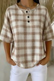 Womens Khaki Plaid Button Detail Waffle Knit Short Sleeve Top RSHW1709