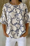 Haut en maille gaufrée à manches courtes pour femme avec imprimé chaîne en corde bleue et détails boutonnés RSHW1711