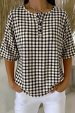 Damen schwarzes Gingham Waffelstrick-Oberteil mit Knopfdetails und kurzen Ärmeln RSHW1723
