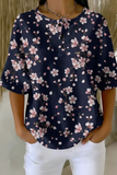 Damen Marine Kirschblüten Blumenmuster bedrucktes lässiges Waffel-Baumwollhemd RSHW3302
