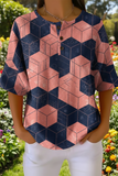Damen-Waffelhemd aus Baumwolle mit geometrischem Würfel-Kunstdruck, Freizeit-Shirt RSHW3321