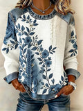 Women's Winter Dark Blue Floral Print Denim Patchwork Crew Neck Sweatshirt