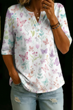 Damen Vintage Blumenmuster Freizeit Henley Baumwoll-Oberteil mit halbem Arm RSST211