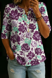 Damen Vintage Blumenmuster Freizeit Henley Baumwoll-Oberteil mit halbem Arm RSST211