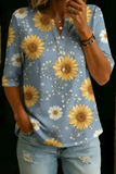 Damen Vintage Blumenmuster Freizeit Henley Baumwoll-Oberteil mit halbem Arm RSST211