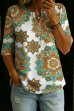 Damen Vintage Blumenmuster Freizeit Henley Baumwoll-Oberteil mit halbem Arm RSST211