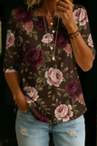 Damen Vintage Blumenmuster Freizeit Henley Baumwoll-Oberteil mit halbem Arm RSST211