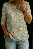 Damen Vintage Blumenmuster Freizeit Henley Baumwoll-Oberteil mit halbem Arm RSST211