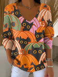 Women's Halloween Black Cat Pumpkin Pattern Casual Print Pullover Sweater