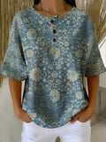 Chemise en coton gaufré décontractée à imprimé floral artistique patchwork pour femme RM606