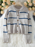 Women's Chunky Knit Striped Cardigan Sweater Drop Shoulder Long Sleeve Button Down for Autumn Winter