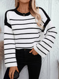 Women's Striped Crew Neck Knit Sweater Long Sleeve Casual Pullover for Autumn Winter