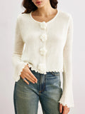 Cardigan for Women 3D Flower Ruffle Slim Fit Long Sleeve Crew Neck Fall Knit Sweater