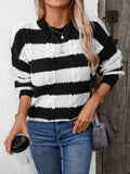 Women's Fashion Casual Versatile Striped Color Block Cable Knit Crew Neck Pullover Long Sleeve Loose Sweater
