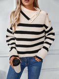 Women's Striped Turtleneck Cable Knit Sweater Long Sleeve Casual Loose Pullover for Autumn Winter