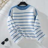 Women's Striped Crew Neck Knit Sweater Long Sleeve Casual Pullover for Autumn Winter