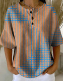 Damen Retro Mehrfarbiges Farbverlauf-Patchwork Abstraktionsmuster Kunstdruck Lässiges Waffelbaumwollhemd RM605