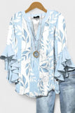 Women's Light Blue Floral Casual V-Neck 3/4 Sleeve Blouse CY05137
