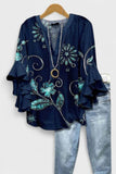 Women's Dark Blue Floral Casual V-Neck 3/4 Sleeve Blouse CY05138