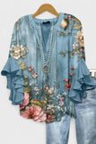 Women's Multicolor Floral Casual V-Neck 3/4 Sleeve Blue Blouse CY05139