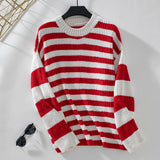 Women's Striped Crewneck Knit Sweater Long Sleeve Ribbed Soft Pullover Casual Trendy Jumper for Autumn Winter