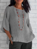 Crewneck Cotton and Linen Shirt Top-Purple
