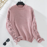 Women's Stylish Bowknot Ribbon Sleeve Chunky Cable Knit Crewneck Sweater Ribbed Knitwear for Autumn Winter