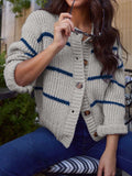 Women's Chunky Knit Striped Cardigan Sweater Drop Shoulder Long Sleeve Button Down for Autumn Winter
