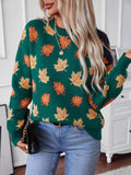 Women's Leaf Pattern Crewneck Knit Sweater Long Sleeve Casual Loose Pullover for Autumn Winter