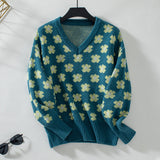 Women's V Neck Daisy Flower Print Sweaters Long Sleeve Color Block Fall Sweater Loose Warm Knit Pullover Tops