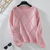 Women's Crochet Crewneck Sweater Cute Elegant Hollow Cable Knit Pullover for Autumn Winter