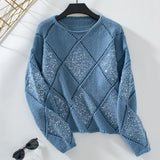 Women's Crochet Crewneck Sweater Cute Elegant Hollow Cable Knit Pullover for Autumn Winter
